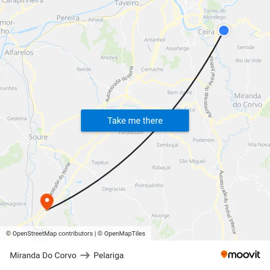 Miranda Do Corvo to Pelariga map