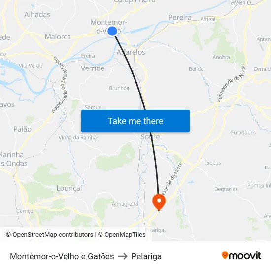 Montemor-o-Velho e Gatões to Pelariga map