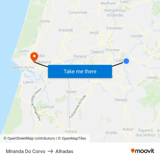 Miranda Do Corvo to Alhadas map