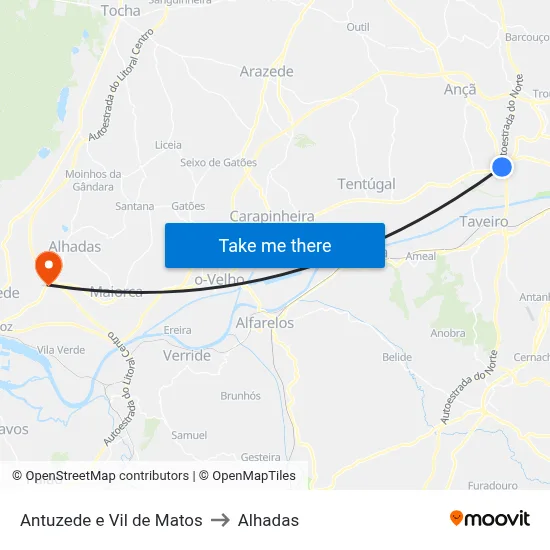 Antuzede e Vil de Matos to Alhadas map