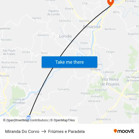 Miranda Do Corvo to Friúmes e Paradela map