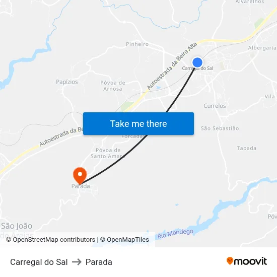 Carregal do Sal to Parada map