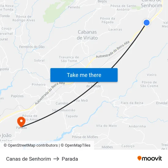 Canas de Senhorim to Parada map