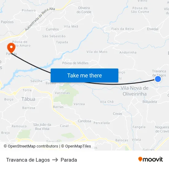 Travanca de Lagos to Parada map