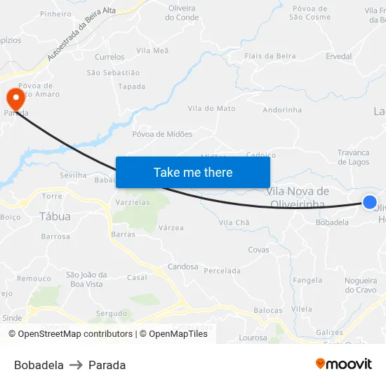 Bobadela to Parada map