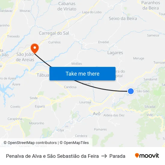 Penalva de Alva e São Sebastião da Feira to Parada map