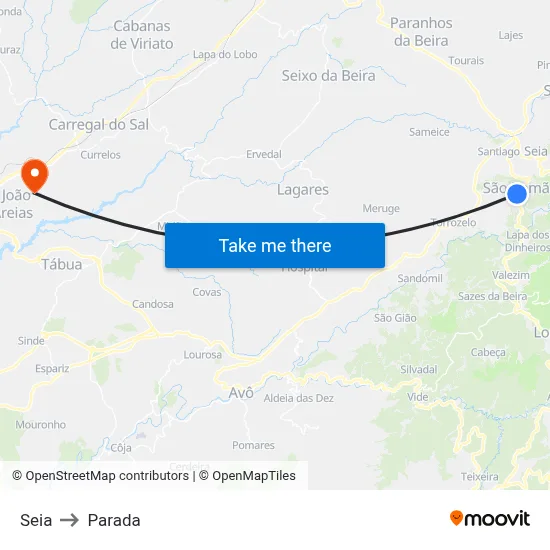 Seia to Parada map