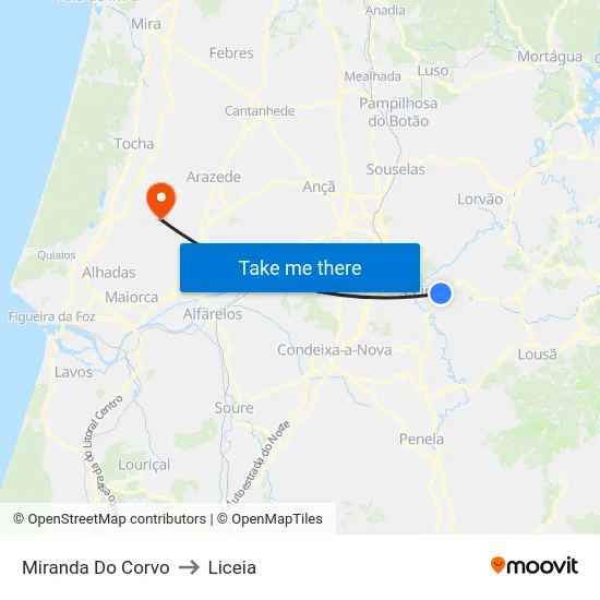 Miranda Do Corvo to Liceia map