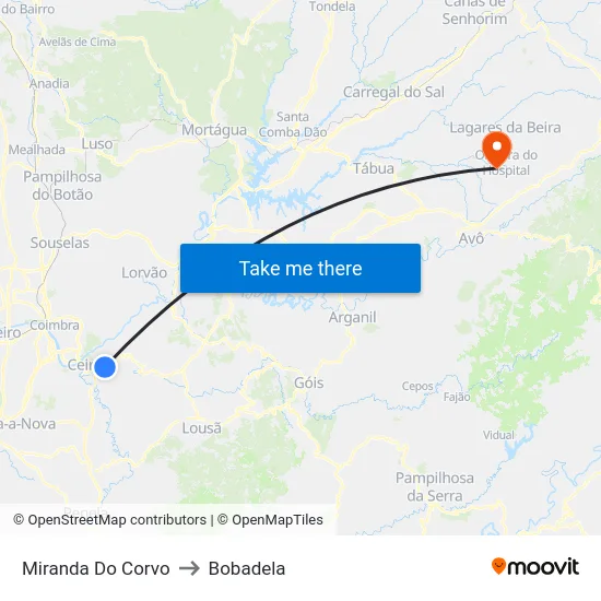 Miranda Do Corvo to Bobadela map