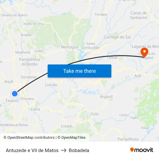 Antuzede e Vil de Matos to Bobadela map