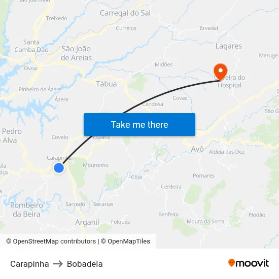 Carapinha to Bobadela map