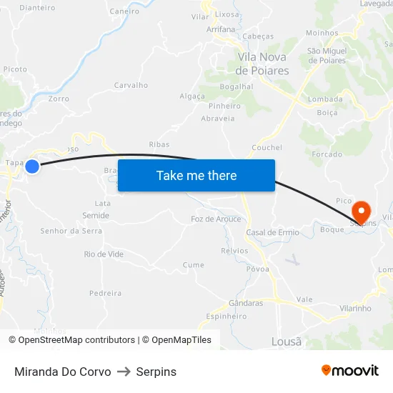 Miranda Do Corvo to Serpins map