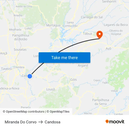 Miranda Do Corvo to Candosa map