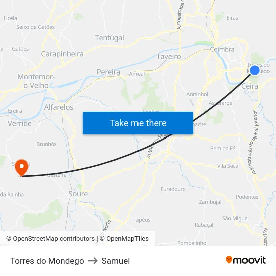 Torres do Mondego to Samuel map