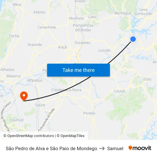São Pedro de Alva e São Paio de Mondego to Samuel map