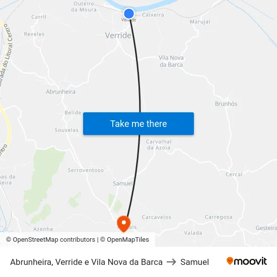 Abrunheira, Verride e Vila Nova da Barca to Samuel map