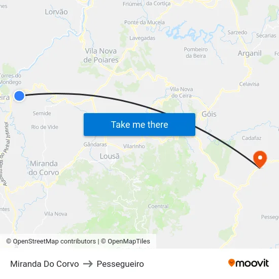 Miranda Do Corvo to Pessegueiro map
