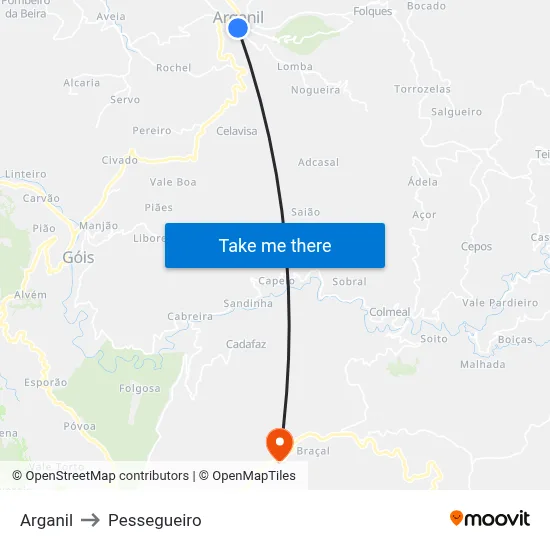 Arganil to Pessegueiro map
