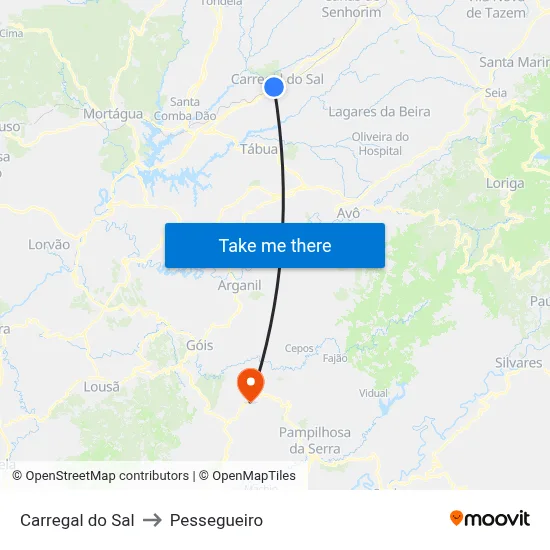 Carregal do Sal to Pessegueiro map