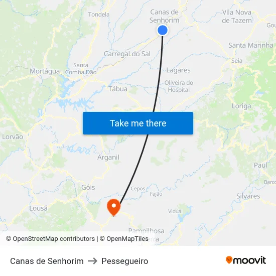 Canas de Senhorim to Pessegueiro map