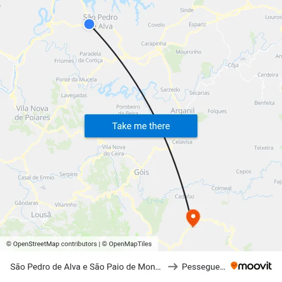 São Pedro de Alva e São Paio de Mondego to Pessegueiro map