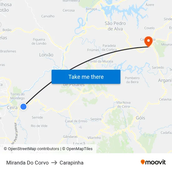 Miranda Do Corvo to Carapinha map