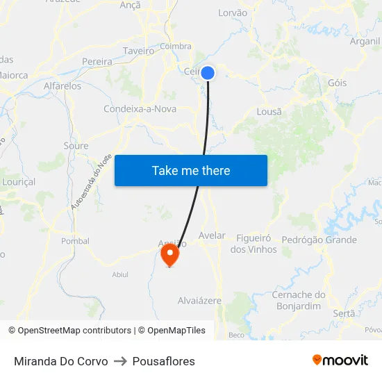 Miranda Do Corvo to Pousaflores map