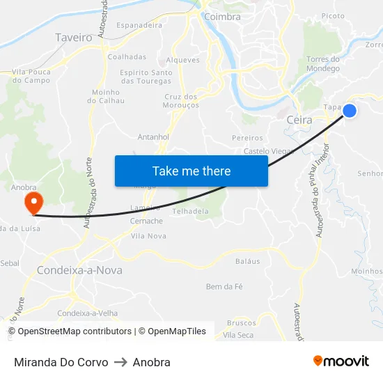 Miranda Do Corvo to Anobra map