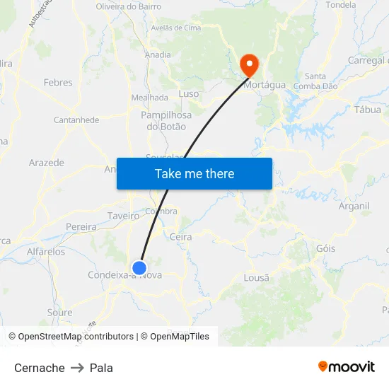Cernache to Pala map