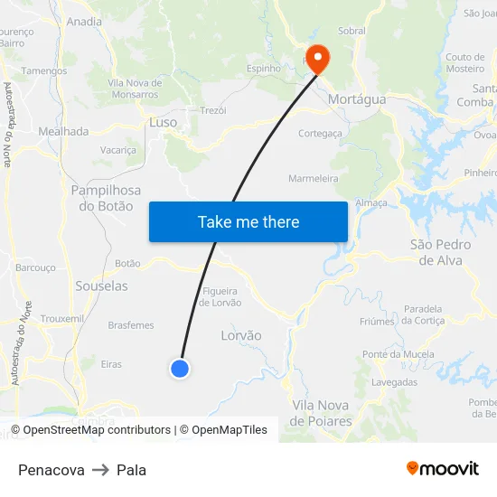 Penacova to Pala map