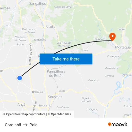Cordinhã to Pala map