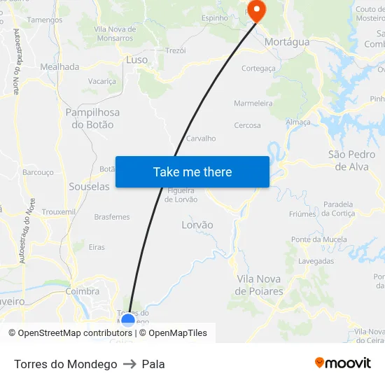 Torres do Mondego to Pala map