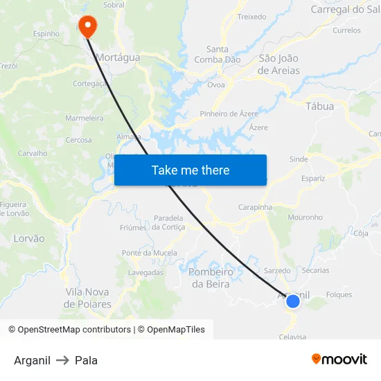 Arganil to Pala map