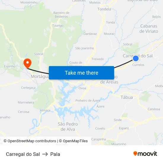 Carregal do Sal to Pala map