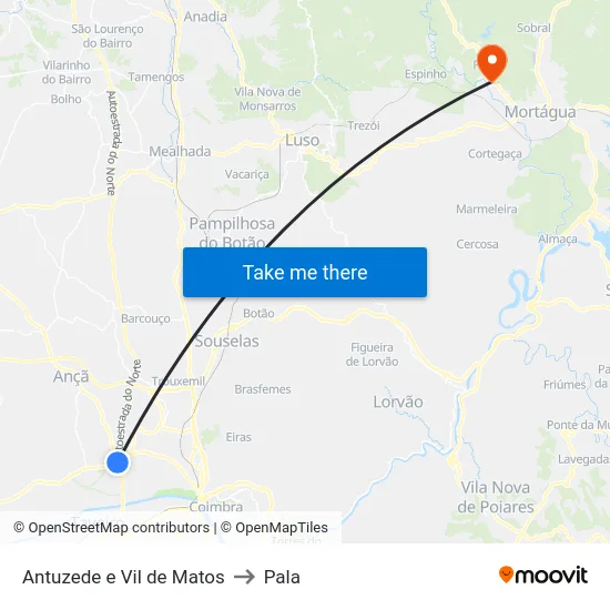 Antuzede e Vil de Matos to Pala map