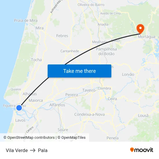 Vila Verde to Pala map