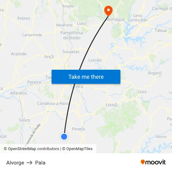 Alvorge to Pala map