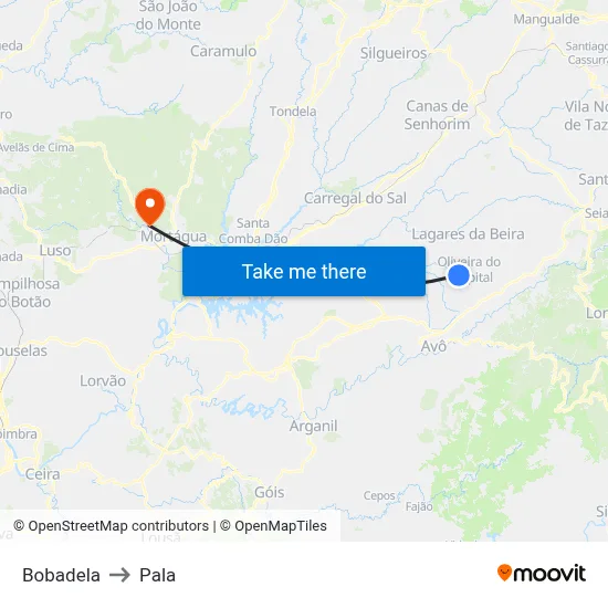 Bobadela to Pala map