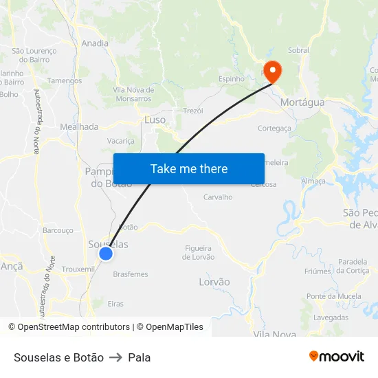 Souselas e Botão to Pala map