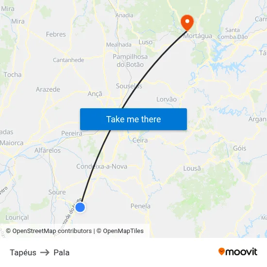 Tapéus to Pala map