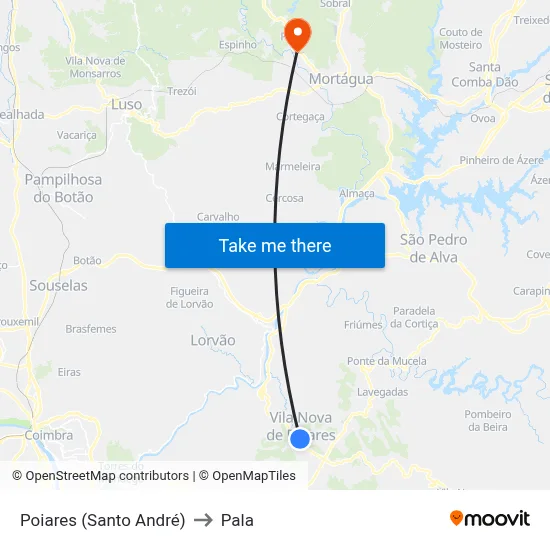 Poiares (Santo André) to Pala map