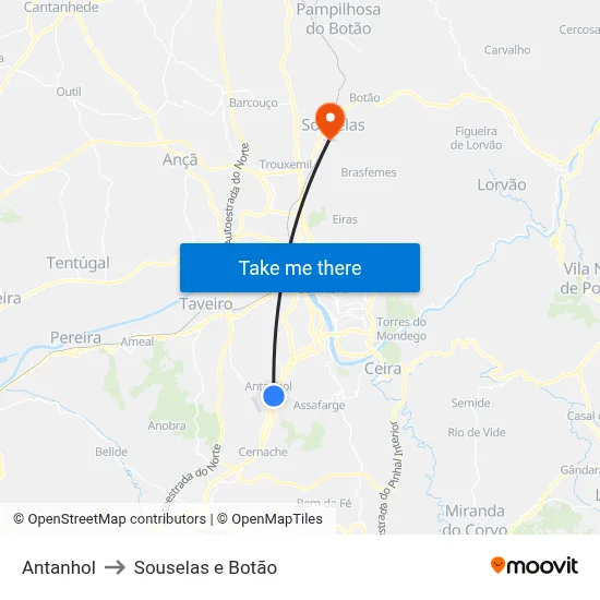 Antanhol to Souselas e Botão map