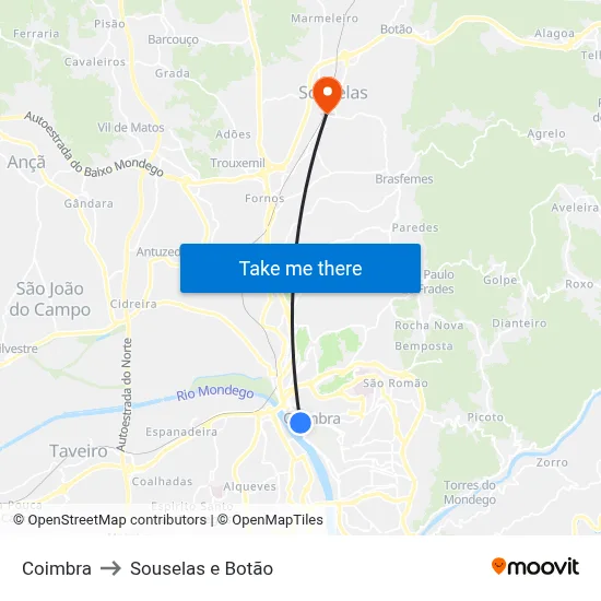 Coimbra to Souselas e Botão map