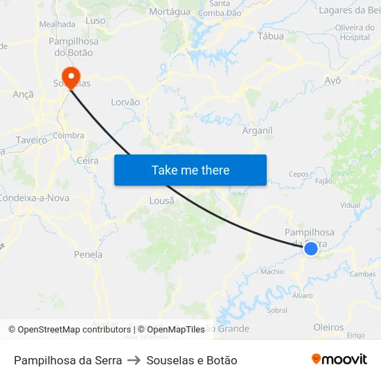 Pampilhosa da Serra to Souselas e Botão map