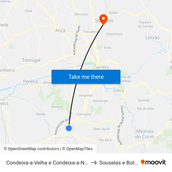 Condeixa-a-Velha e Condeixa-a-Nova to Souselas e Botão map