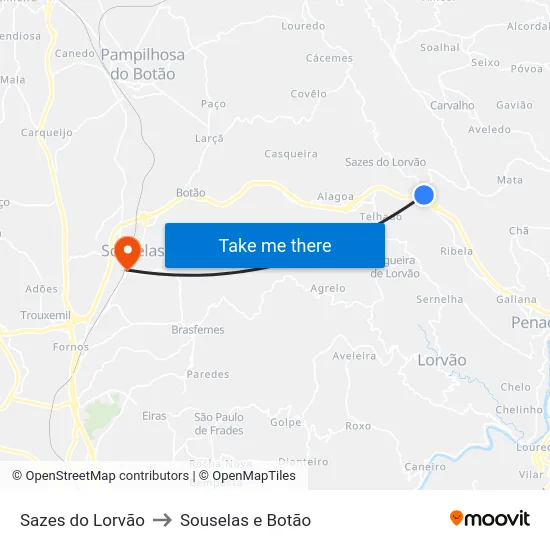 Sazes do Lorvão to Souselas e Botão map
