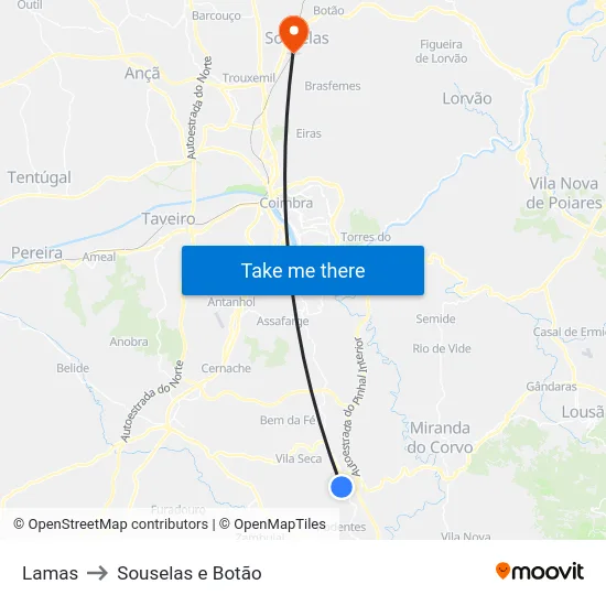 Lamas to Souselas e Botão map