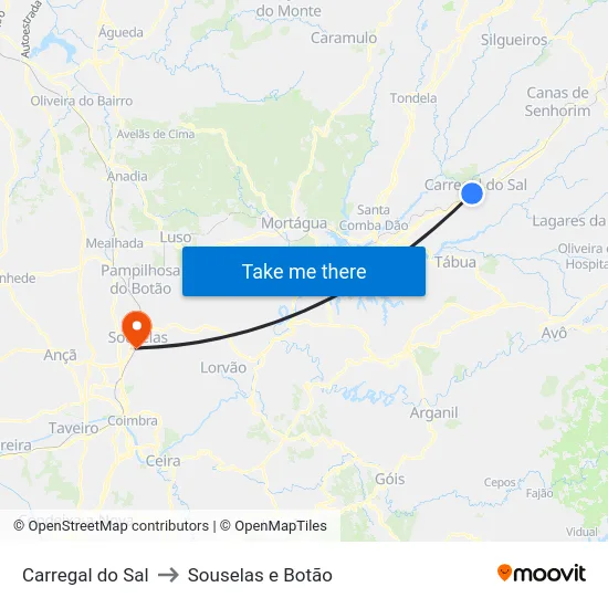 Carregal do Sal to Souselas e Botão map