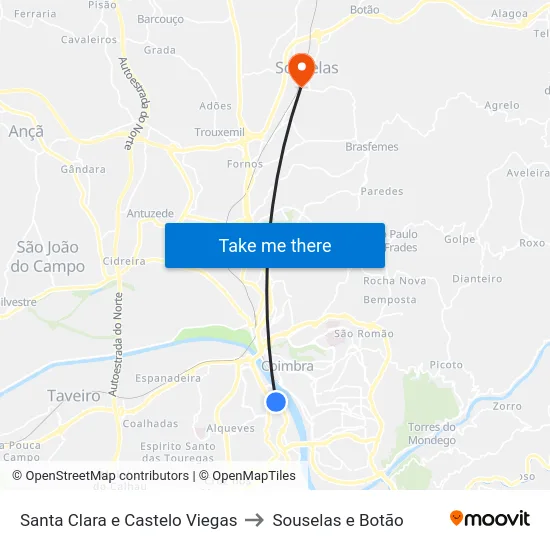 Santa Clara e Castelo Viegas to Souselas e Botão map
