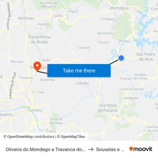 Oliveira do Mondego e Travanca do Mondego to Souselas e Botão map